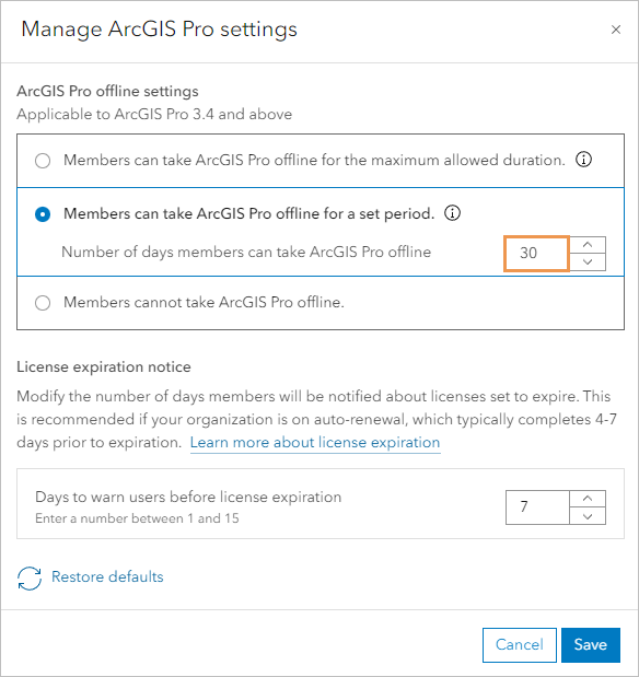 Gérer la fenêtre des paramètres ArcGIS Pro dans une organisation ArcGIS Online