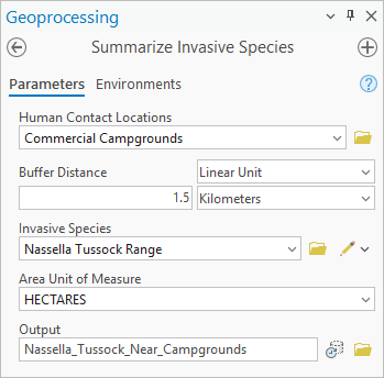 Outil Summarize Invasive Species (Synthèse des espèces invasives) avec les paramètres définis