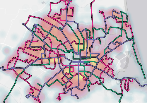 Carte de densité de population et itinéraires de bus