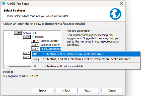 Panneau Select Features (Sélectionner les fonctionnalités) de l’assistant ArcGIS Pro Setup (Configuration d’ArcGIS Pro)