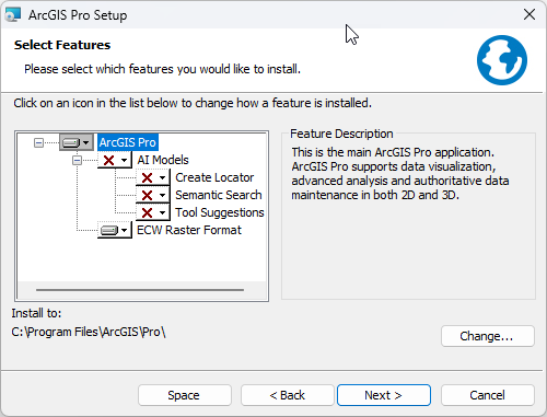 Panneau Select Features (Sélectionner les fonctionnalités) avec paramètres par défaut pour une nouvelle installation