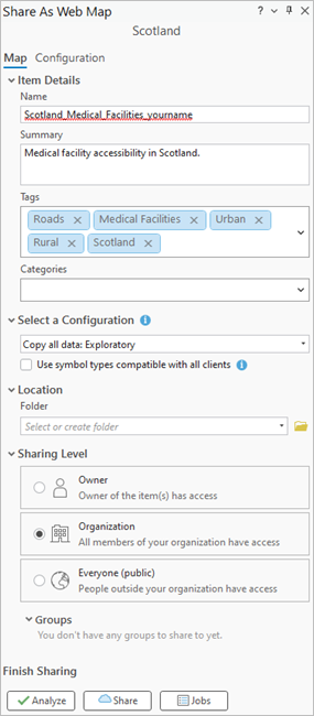 Fenêtre Share As Web Map (Partager en tant que carte Web)