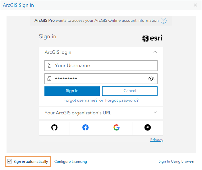Invite de connexion à ArcGIS Pro