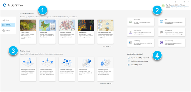 Onglet Learning Resources (Ressources d’apprentissage) de la page de démarrage d’ArcGIS Pro
