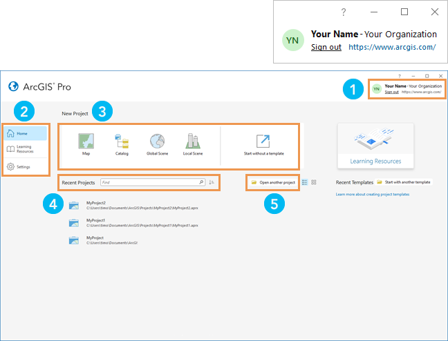Page de démarrage d’ArcGIS Pro avec rappels numérotés