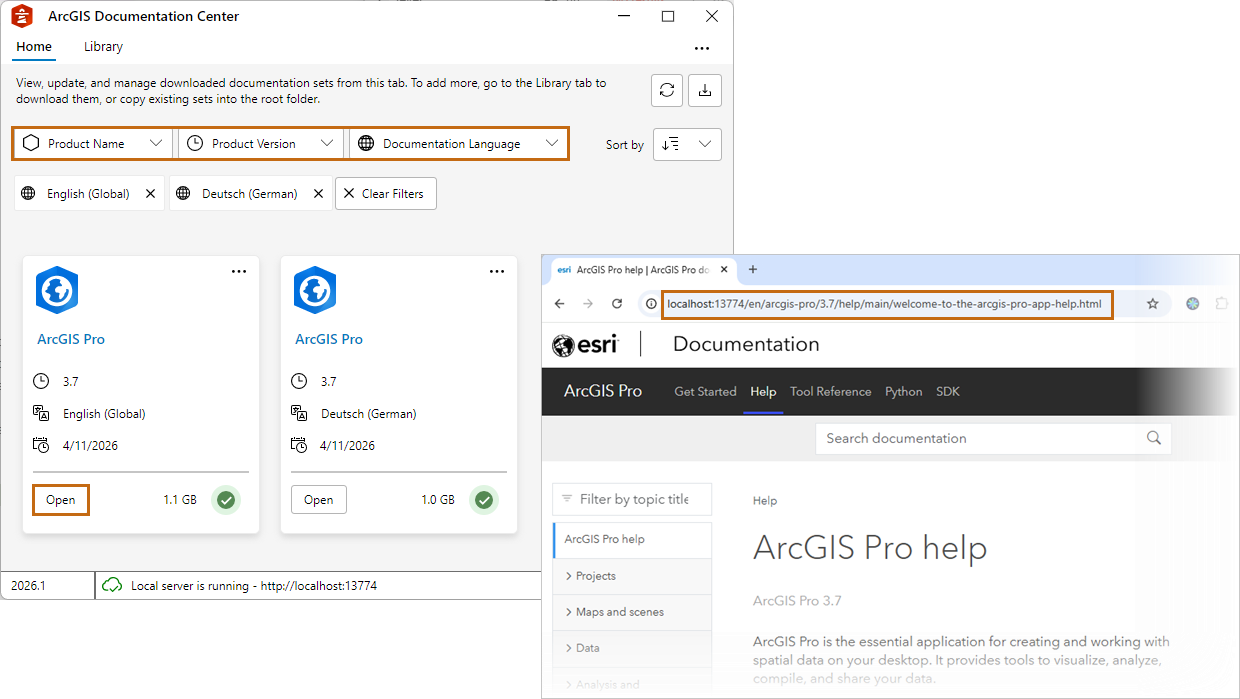 Centre de documentation ArcGIS et une page d’aide hors connexion