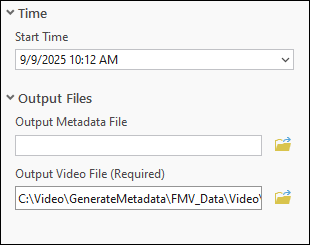 Options d’heure et de fichiers en sortie de l’outil Generate Metadata (Générer des métadonnées)