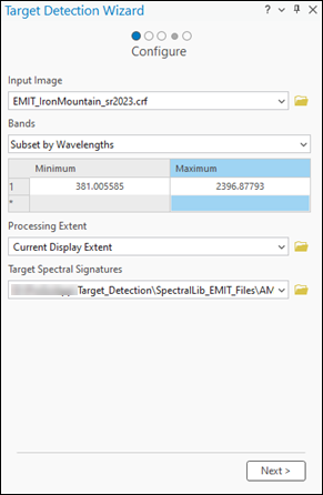 Exemple de page Configure (Configurer) dans Target Detection Wizard (Assistant de détection des cibles)