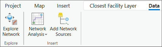 Les outils Explore Network (Explorer le réseau) et Add Network Sources (Ajouter des sources de réseau) apparaissent dans le ruban lorsqu’une couche d’analyse de réseau est ajoutée à la fenêtre Contents (Contenu).