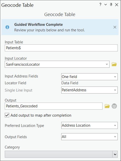 Outil de géotraitement Geocode Table (Géocoder une table) avec entrées
