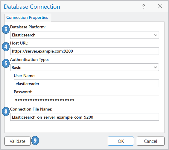 Connexion à Elasticsearch à partir de la boîte de dialogue Database Connection (Connexion à une base de données)