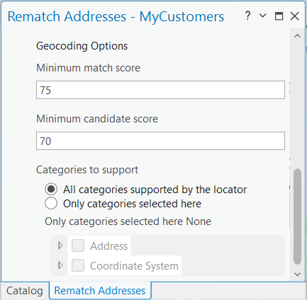 Options de géocodage dans la fenêtre Réapparier les adresses