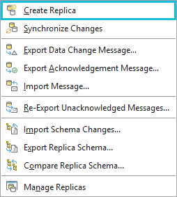 Options du menu contextuel Géodatabase distribuée