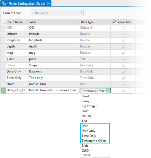 Options de type de données de date et d’heure disponibles depuis la vue des champs