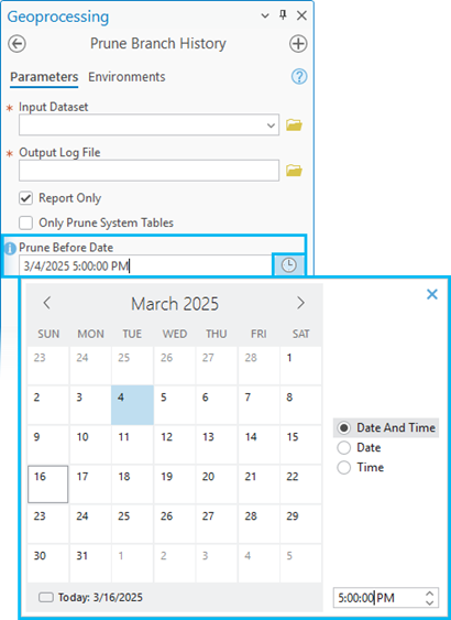 Options disponibles pour configurer le paramètre Nettoyer les éléments antérieurs à (date/heure) à l’aide de l’outil Historique de branche Adaptation