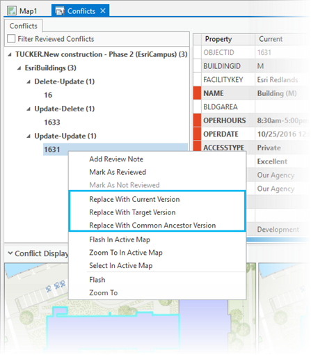 Menu contextuel Conflits de la version de branche