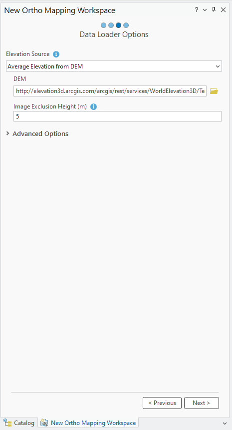 Fenêtre Options du chargeur de données de l’assistant Nouvel espace de travail d’orthocartographie