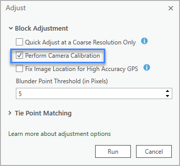 Option Perform Camera Calibration (Effectuer le calibrage de la caméra) dans la boîte de dialogue Adjust (Ajuster)