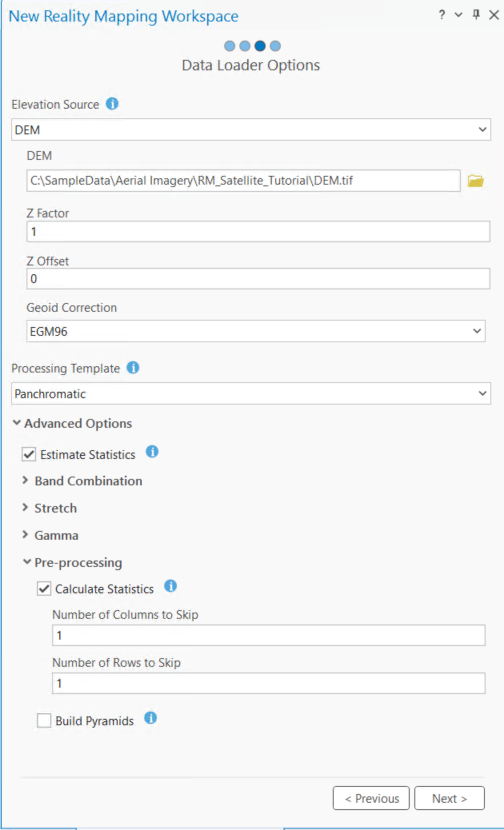 Options de chargeur de données satellite pour l’espace de travail Reality Mapping