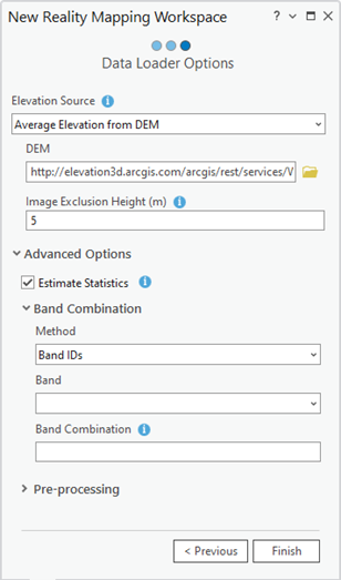 Page Data Loader Options (Options du chargeur de données) pour un espace de travail d’imagerie de drone