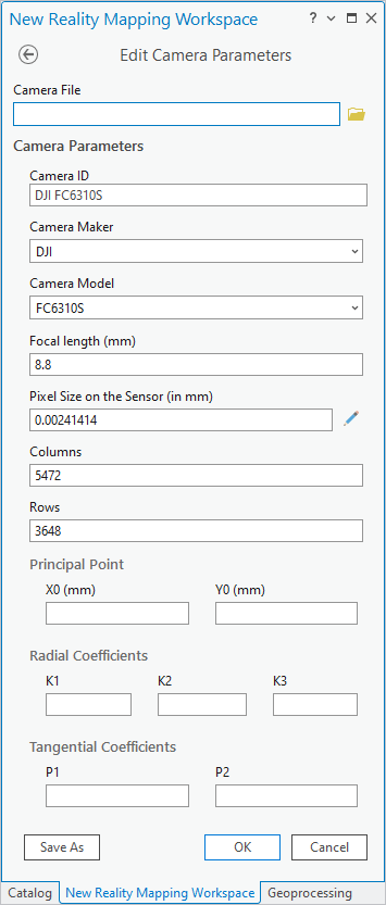 Page Edit Camera Parameters (Modifier les paramètres de la caméra) pour l’espace de travail d’imagerie de drone