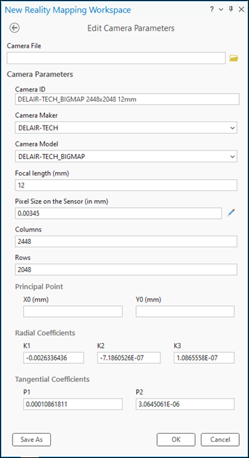 Page Edit Camera Parameters (Modifier les paramètres de la caméra) pour l’espace de travail d’imagerie de drone