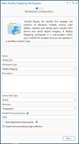 Page Workspace Configuration (Configuration de l’espace de travail) de l’assistant New Reality Mapping Workspace (Nouvel espace de travail Reality Mapping)