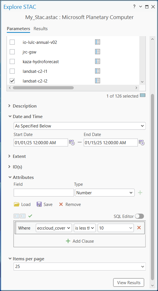 Onglet Parameters (Paramètres) de la fenêtre Explore STAC (Explorer les éléments STAC)