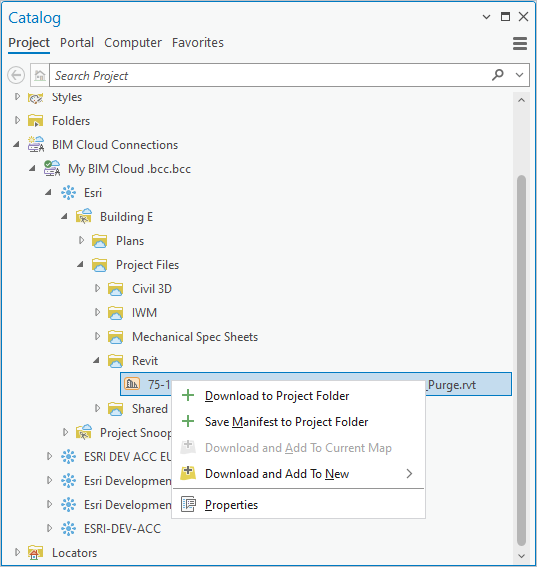 Menu contextuel de l’élément de référentiel BIM Cloud