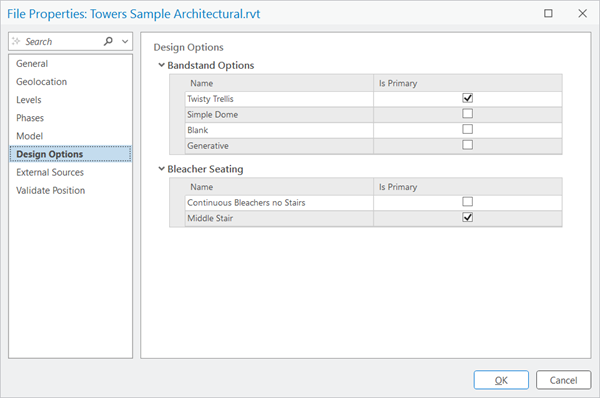 Interface utilisateur des options de conception des propriétés du fichier BIM