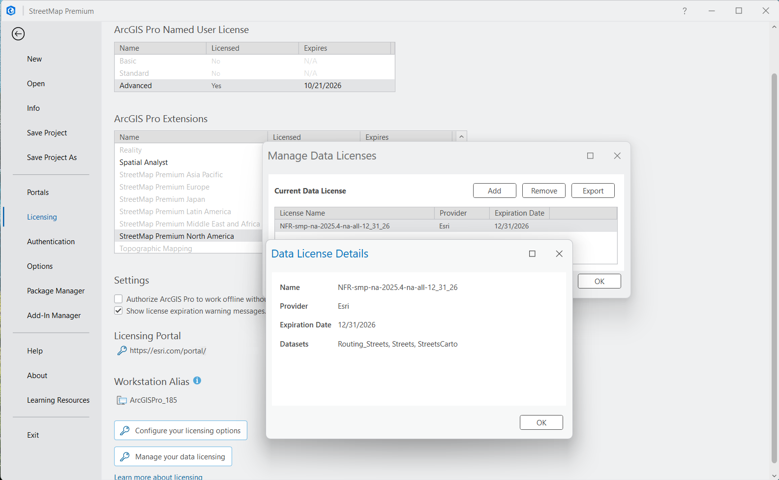 Fenêtre Manage Data Licenses (Gérer les licences de données) affichant le fichier de licence StreetMap Premium (*.sdlic)
