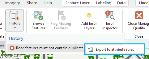 Menu déroulant History (Historique) de l’exécution de la vérification des données avec l’option Export to attribute rules (Exporter en tant que règles attributaires)