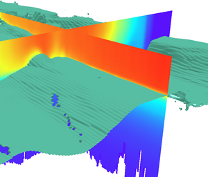 Couche de voxel de l’unité marine écologique avec la section transversale de la température et une isosurface de saturation fractionnée en oxygène à une valeur de 70