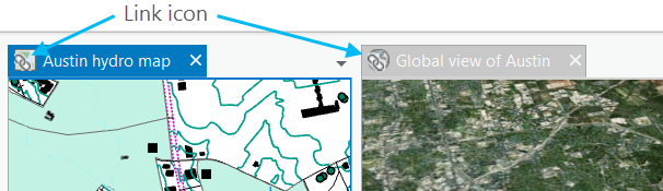 L’icône d’indicateur de liaison des vues se superpose au type de vue cartographique, comme illustré ici avec le symbole de chaîne.