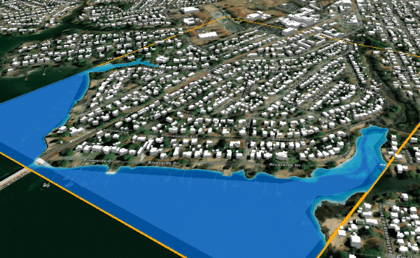 Eau remplissant une zone d’intérêt de simulation d’inondation.