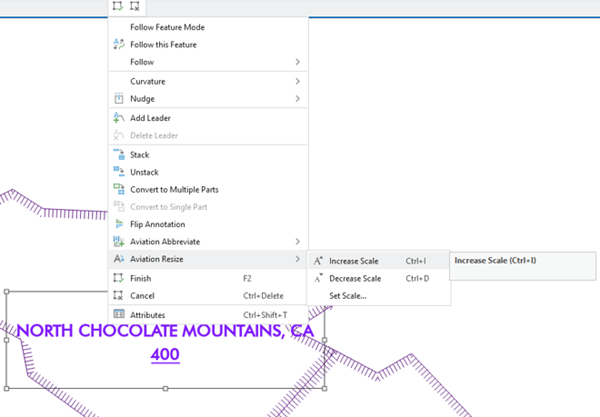 The Increase Scale option is clicked from the Aviation Resize option of the Annotation menu.