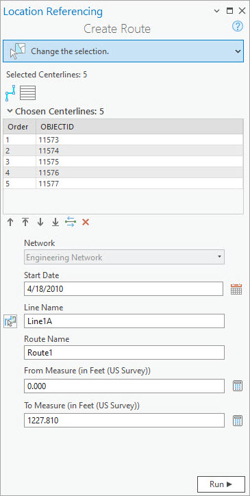 Fenêtre Create Route (Créer l’itinéraire) contenant la table attributaire