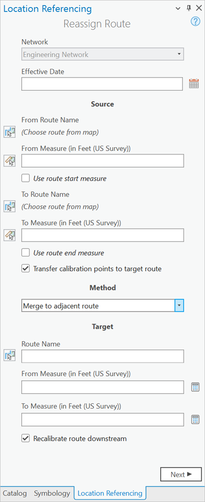 Fenêtre Reassign Route (Réaffecter l’itinéraire) avec la méthode Merge to adjacent route (Fusionner avec l’itinéraire adjacent) spécifiée