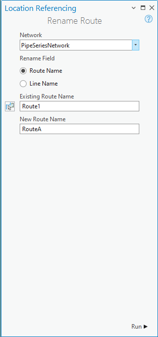 Fenêtre Rename Route (Renommer l’itinéraire) avec un réseau linéaire sélectionné