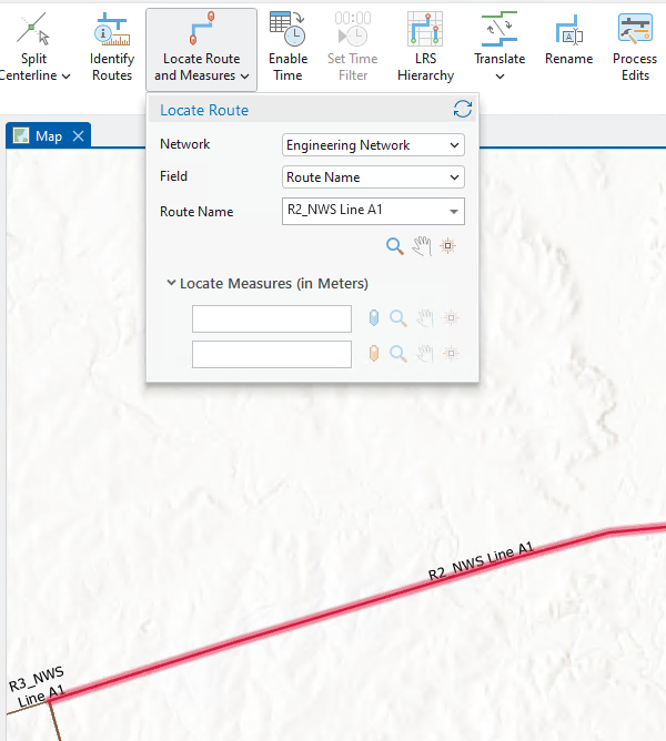 L’itinéraire est mis en surbrillance sur la carte et les options Locate Measures (Localiser des mesures) sont affichées.
