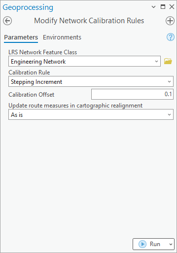 Outil de géotraitement Modifier les règles de calibrage du réseau qui utilise la règle de calibrage Stepping Increment (Intervalle incrémenté)
