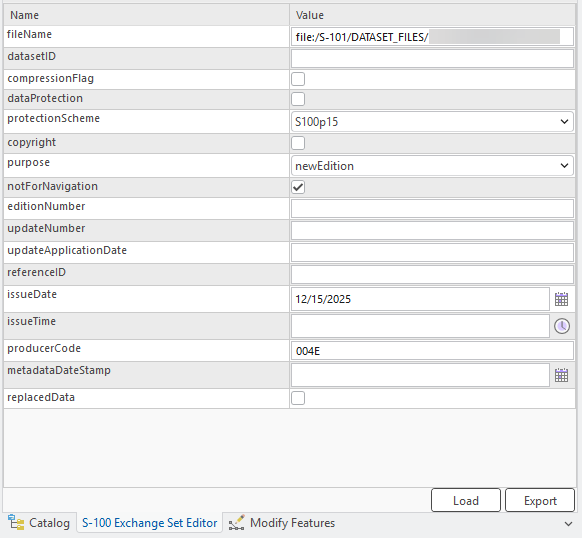 Editing section of the S-100 Exchange Set Editor pane