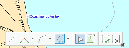 Construction toolbar with the Trace tool highlighted and Coastline_L feature vertex selected on the map