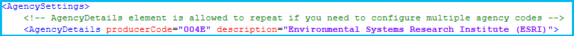 The AgencyDetails with the producer code and description values populated in the AgencyDetails.xml file