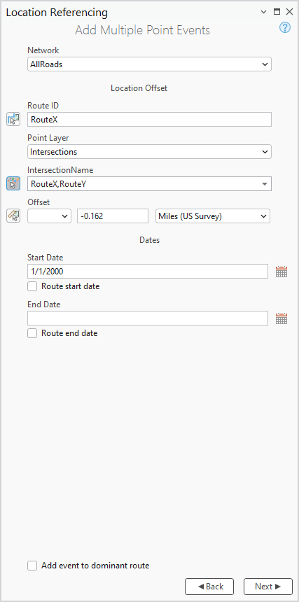 Méthode Location Offset (Décalage de la localisation) sélectionnée dans la fenêtre Add Multiple Point Events (Ajouter plusieurs événements ponctuels)