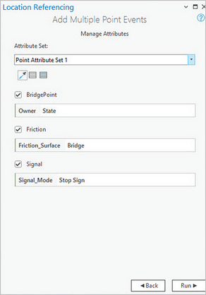 Fenêtre Add Multiple Point Event (Ajouter plusieurs événements ponctuels) avec section Manage Attributes (Gérer les attributs)