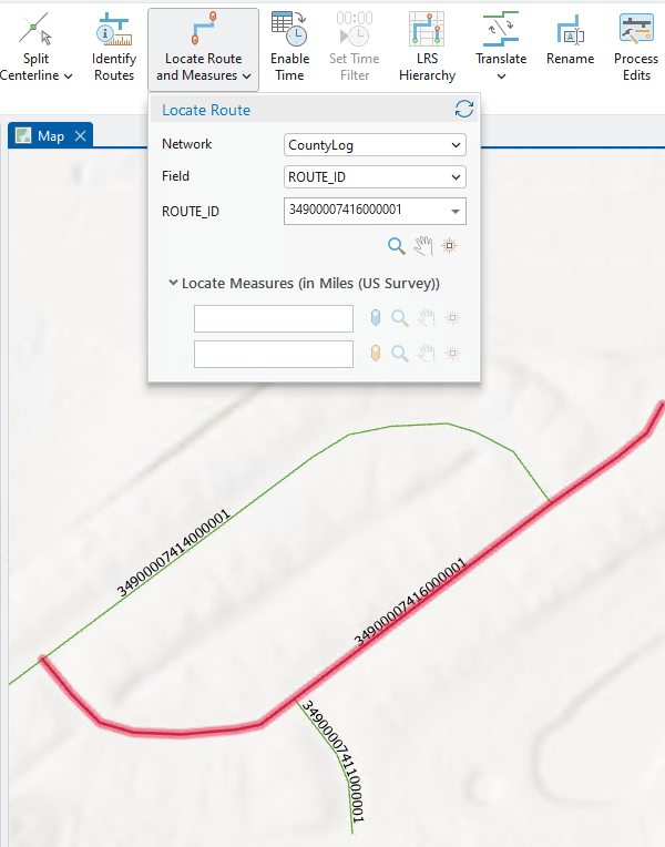 L’itinéraire est mis en surbrillance sur la carte et les options Locate Measures (Localiser des mesures) sont affichées.