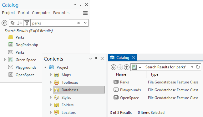 Résultats de recherche dans la fenêtre Catalogue et une vue de catalogue