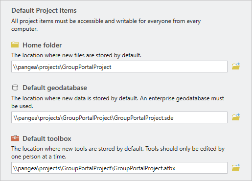 Éléments de projet par défaut dans l’onglet Configuration de la boîte de dialogue New Portal Project (Nouveau projet de portail)