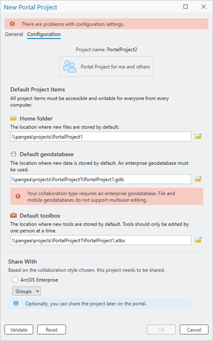 Boîte de dialogue New Portal Project (Nouveau projet de portail) affichant une erreur pour le paramètre de géodatabase par défaut